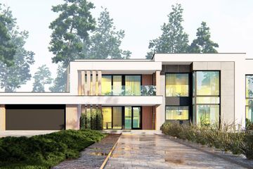 Projekt domu uA82 - z pełnym piętrem dom o powierzchni 251,99 m², dach płaski, koszt budowy 811 000 zł - ujęcie frontu