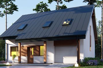 Projekt domu uA87 - parterowy z poddaszem dom o powierzchni 128,03 m², dach dwuspadowy, koszt budowy 342 000 zł - ujęcie frontu