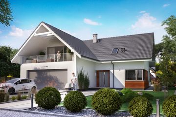 Projekt domu KA76 - parterowy z poddaszem dom o powierzchni 148,33 m², dach dwuspadowy, koszt budowy 407 000 zł - ujęcie frontu