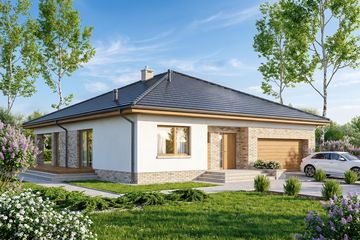 Projekt domu Kalwados - parterowy dom o powierzchni 130 m², dach kopertowy, koszt budowy 442 000 zł - ujęcie frontu