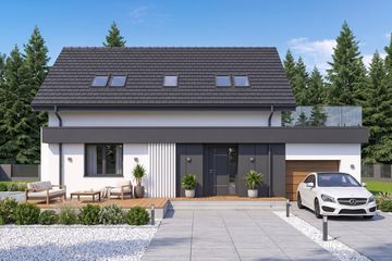 Projekt domu Sej-pro 003 energo - parterowy z poddaszem dom o powierzchni 122,01 m², dach dwuspadowy, koszt budowy 309 000 zł - ujęcie frontu