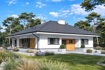 Projekt domu Beno III - parterowy dom o powierzchni 119,80 m², dach kopertowy, koszt budowy 333 000 zł - ujęcie frontu