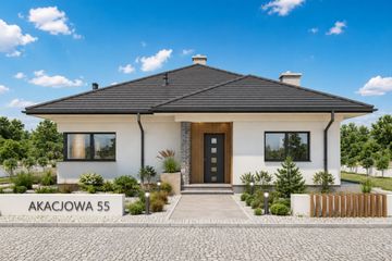 Projekt domu Merkury - parterowy dom o powierzchni 114,06 m², dach kopertowy, koszt budowy 336 000 zł - ujęcie frontu