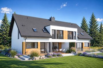Projekt domu Wiktor G2 (bliźniak) energo - parterowy z poddaszem dom o powierzchni 156,73 m², dach dwuspadowy, koszt budowy 335 456 zł - ujęcie frontu