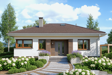 Projekt domu Felek (1656) - parterowy dom o powierzchni 79,50 m², dach kopertowy, koszt budowy 213 000 zł - ujęcie frontu