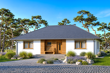 Projekt domu Domek Mokka ET (053 ET) - parterowy dom o powierzchni 113 m², dach kopertowy, koszt budowy 320 000 zł - ujęcie frontu
