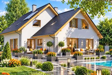 Projekt domu BS-56 dwulokalowy - parterowy z poddaszem dom o powierzchni 165,60 m², dach dwuspadowy - ujęcie frontu
