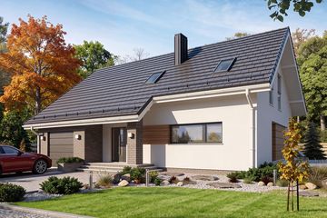 Projekt domu Fila - parterowy z poddaszem dom o powierzchni 133,75 m², dach dwuspadowy, koszt budowy 332 000 zł - ujęcie frontu