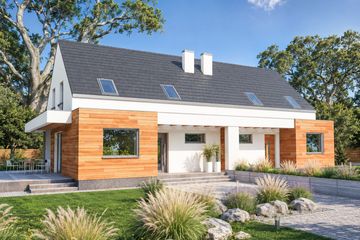 Projekt domu Karmel BL - parterowy z poddaszem dom o powierzchni 124,50 m², dach dwuspadowy, koszt budowy 195 000 zł - ujęcie frontu