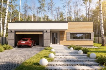 Projekt domu Nila - parterowy dom o powierzchni 86,16 m², dach płaski, koszt budowy 263 000 zł - ujęcie frontu