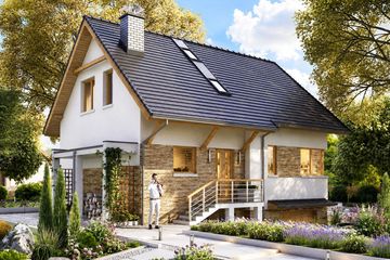 Projekt domu BW-36 wariant 11 podpiwniczony - parterowy z poddaszem dom o powierzchni 102,30 m², dach dwuspadowy, koszt budowy 268 000 zł - ujęcie frontu