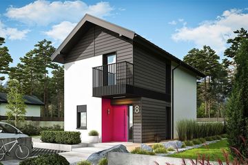Projekt domu Moniczka energo - z pełnym piętrem dom o powierzchni 76,92 m², dach dwuspadowy, koszt budowy 186 000 zł - ujęcie frontu