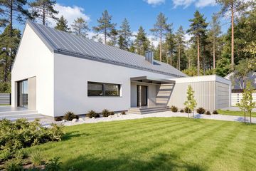 Projekt domu Alfi - parterowy dom o powierzchni 158,86 m², dach dwuspadowy, koszt budowy 474 000 zł - ujęcie frontu