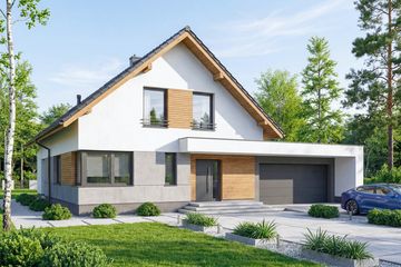 Projekt domu Pomelo - parterowy z poddaszem dom o powierzchni 139,16 m², dach dwuspadowy, koszt budowy 401 000 zł - ujęcie frontu