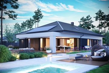 Projekt domu Alison III G2 energo plus - parterowy dom o powierzchni 151,98 m², dach kopertowy, koszt budowy 491 000 zł - ujęcie frontu