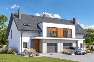 Projekt domu Wiktor G1 (bliźniak) energo - parterowy z poddaszem dom o powierzchni 124,65 m², dach dwuspadowy, koszt budowy 271 728 zł - ujęcie frontu
