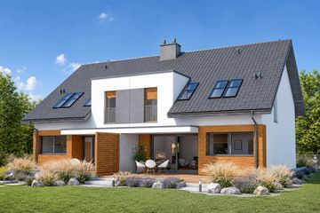 Projekt domu Wiktor G1 (bliźniak) energo - parterowy z poddaszem dom o powierzchni 124,65 m², dach dwuspadowy - ujęcie 2