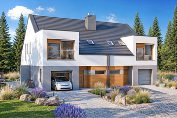 Projekt domu Lukas G1 (bliźniak) energo - parterowy z poddaszem dom o powierzchni 120,91 m², dach dwuspadowy, koszt budowy 273 216 zł - ujęcie frontu