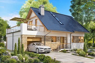Projekt domu BW-36 wariant 12 podpiwniczony - parterowy z poddaszem dom o powierzchni 100,70 m², dach dwuspadowy, koszt budowy 279 000 zł - ujęcie frontu