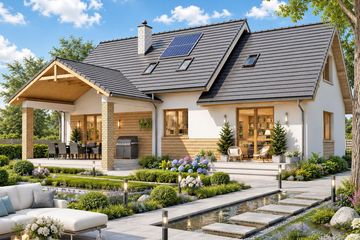 Projekt domu BS-07 wariant 3 dwulokalowy - parterowy z poddaszem dom o powierzchni 154,20 m², dach dwuspadowy - ujęcie frontu