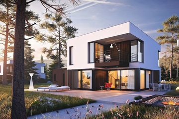 Projekt domu EX 2 G1 energo plus - z pełnym piętrem dom o powierzchni 125,15 m², dach płaski, koszt budowy 361 000 zł - ujęcie frontu