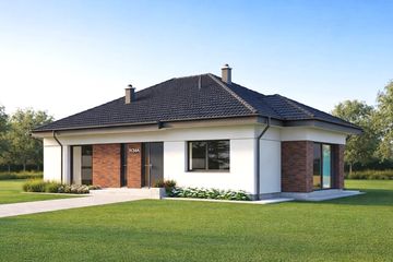 Projekt domu TK34A - parterowy dom o powierzchni 122,79 m², dach kopertowy, koszt budowy 364 000 zł - ujęcie frontu