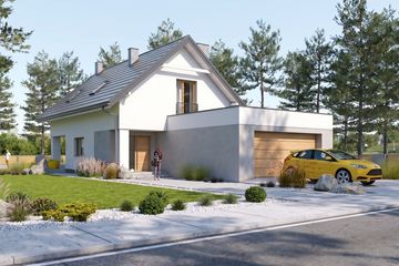 Projekt domu Reficio I G2 - parterowy z poddaszem dom o powierzchni 107,14 m², dach dwuspadowy, koszt budowy 308 000 zł - ujęcie frontu