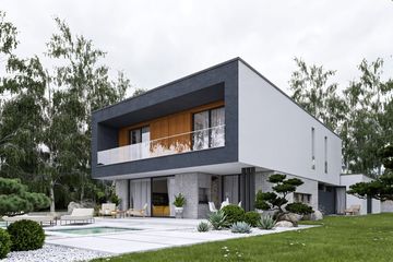 Projekt domu Eximius I G2 - z pełnym piętrem dom o powierzchni 286,17 m², dach płaski, koszt budowy 801 000 zł - ujęcie frontu