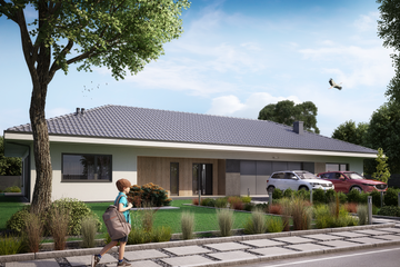 Projekt domu KA108 - parterowy dom o powierzchni 229,34 m², dach wielospadowy, koszt budowy 733 000 zł - ujęcie frontu