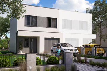 Projekt domu KA120 S - z pełnym piętrem dom o powierzchni 99,06 m², dach płaski, koszt budowy 278 000 zł - ujęcie frontu
