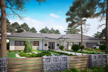 Projekt domu KA122 - parterowy dom o powierzchni 231,05 m², dach wielospadowy, koszt budowy 688 000 zł - ujęcie frontu