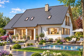 Projekt domu BW-03 wariant 12 - parterowy z poddaszem dom o powierzchni 121,50 m², dach dwuspadowy, koszt budowy 324 000 zł - ujęcie frontu