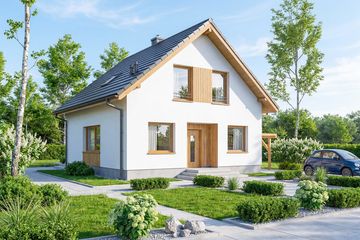Projekt domu Monte 2 - parterowy z poddaszem dom o powierzchni 88,69 m², dach dwuspadowy, koszt budowy 233 000 zł - ujęcie frontu