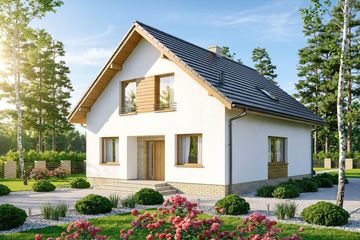 Projekt domu Lungo 6 - parterowy z poddaszem dom o powierzchni 129,57 m², dach dwuspadowy, koszt budowy 335 000 zł - ujęcie frontu