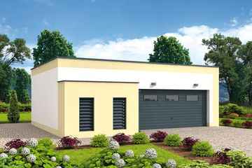 Projekt budynku gospodarczego G316 budynek gospodarczo-garażowy - parterowy dom o powierzchni 61 m², dach płaski, koszt budowy 59 341 zł - ujęcie frontu