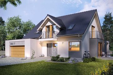 Projekt domu Etiuda 2G - parterowy z poddaszem dom o powierzchni 149,50 m², dach dwuspadowy, koszt budowy 403 000 zł - ujęcie frontu