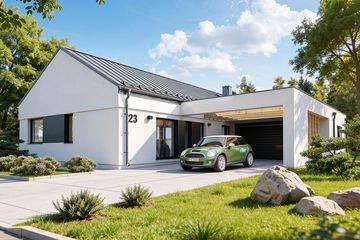 Projekt domu Multi - parterowy dom o powierzchni 171,27 m², dach dwuspadowy, koszt budowy 476 000 zł - ujęcie frontu