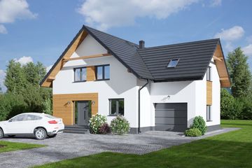 Projekt domu Grochowice 1 mg - parterowy z poddaszem dom o powierzchni 165 m², dach dwuspadowy, koszt budowy 426 000 zł - ujęcie frontu