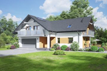 Projekt domu Kasztanowo 3mgg - parterowy z poddaszem dom o powierzchni 182,50 m², dach wielospadowy, koszt budowy 481 000 zł - ujęcie frontu