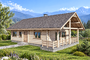 Projekt domu L-240 z bali - parterowy z poddaszem dom o powierzchni 115,68 m², dach dwuspadowy - ujęcie frontu