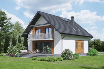 Projekt domu Grochowice 55m - parterowy z poddaszem dom o powierzchni 140 m², dach dwuspadowy, koszt budowy 360 000 zł - ujęcie frontu