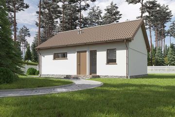 Projekt domu Kos LMB146 - parterowy dom o powierzchni 54,69 m², dach dwuspadowy, koszt budowy 85 900 zł - ujęcie frontu