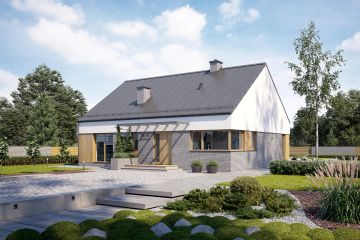 Projekt domu TK18 - parterowy dom o powierzchni 114,31 m², dach dwuspadowy, koszt budowy 342 000 zł - ujęcie frontu
