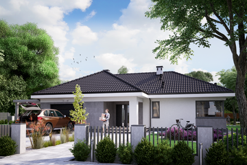 Projekt domu KA133 - parterowy dom o powierzchni 139,85 m², dach wielospadowy, koszt budowy 418 000 zł - ujęcie frontu