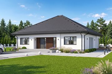Projekt domu Sej-pro 071 energo - parterowy dom o powierzchni 136,55 m², dach kopertowy, koszt budowy 373 000 zł - ujęcie frontu