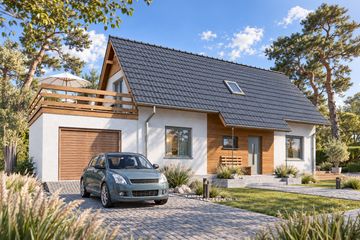 Projekt domu Domek na Łagodnej (064 ET+Gt) - parterowy z poddaszem dom o powierzchni 100,08 m², dach dwuspadowy, koszt budowy 269 000 zł - ujęcie frontu