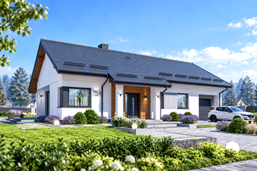 Projekt domu APS 336 wariant 2 + G - parterowy dom o powierzchni 99 m², dach dwuspadowy, koszt budowy 292 000 zł - ujęcie frontu