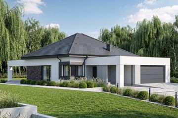 Projekt domu Sej-pro 076 energo - parterowy dom o powierzchni 121,17 m², dach wielospadowy, koszt budowy 343 000 zł - ujęcie frontu