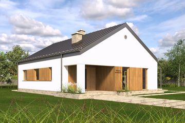 Projekt domu TK82S - parterowy dom o powierzchni 100,27 m², dach dwuspadowy, koszt budowy 285 000 zł - ujęcie frontu