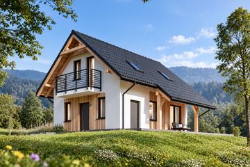 Projekt domu L-304 murowany - parterowy z poddaszem dom o powierzchni 73,82 m², dach dwuspadowy, koszt budowy 186 000 zł - ujęcie frontu